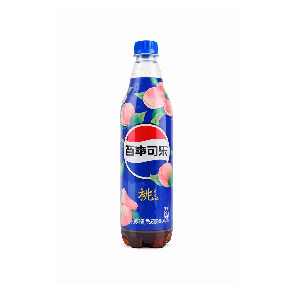 A bottle of Pepsi-Cola Peach flavor soda with a blue cap and a blue label decorated with peach illustrations, shown on a plain white background.