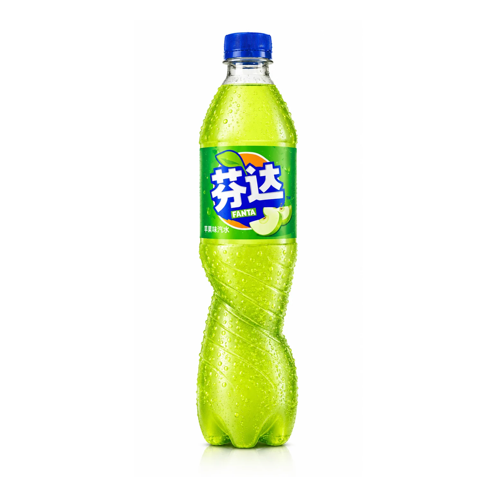 A bottle of Fanta citrus soda with bright green liquid, a blue cap, and a green label with Chinese branding, shown on a white background.