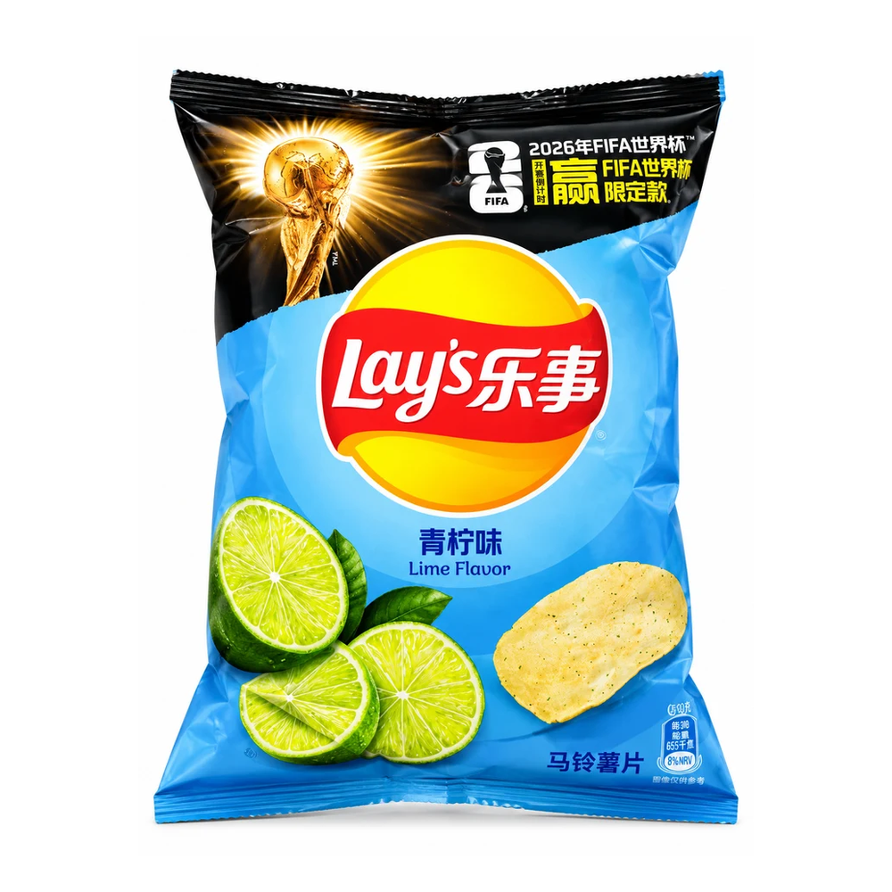 A bag of Lay's Lime Flavor potato chips on a plain white background. The packaging is predominantly blue with a black top section, featuring the yellow and red Lay's logo, FIFA World Cup 2026 graphics, and illustrations of lime slices and a potato chip.
