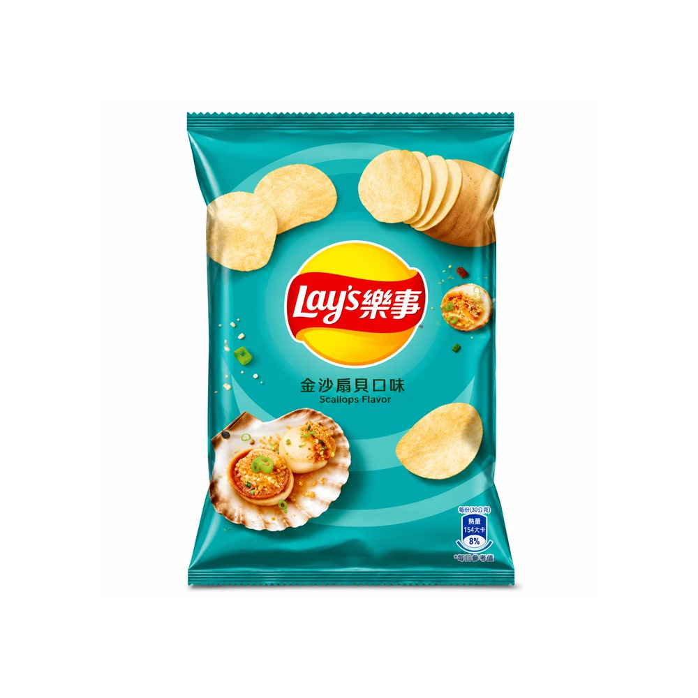 A bag of Lay's Seafood Flavor potato chips in a teal blue-green packaging with the yellow and red Lay's logo, showing illustrations of chips and a scallop shell on a white background.