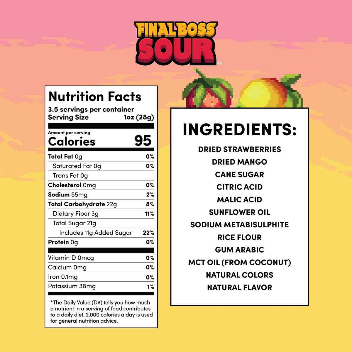 Nutrition facts and ingredients list for a product with colorful background and 'Final Boss Sour' branding.