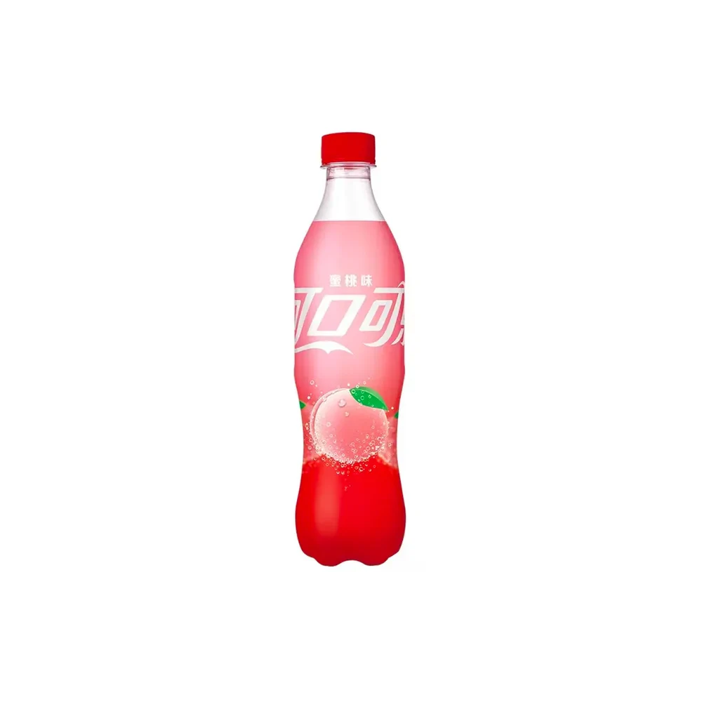 A bottle of Coca-Cola with a red cap and a pink-to-red label featuring a peach graphic, centered on a plain white background.