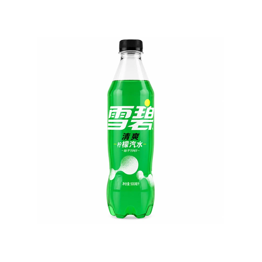 A 330ml bottle of Xue Bi (雪碧) carbonated drink with a black cap, featuring a bright green label with white Chinese characters and a lime graphic, set against a plain white background.