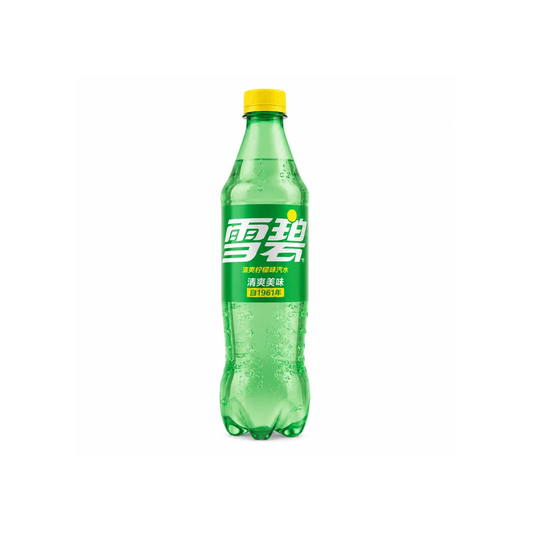 A green plastic bottle of雪碧 (Sprite) soft drink with a yellow cap, shown on a plain white background.