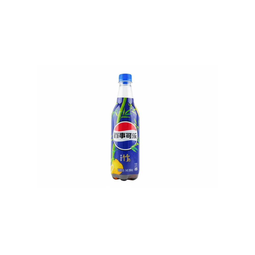 A bottle of Pepsi Lemon soda with its signature blue cap and colorful label, centered on a plain white background.