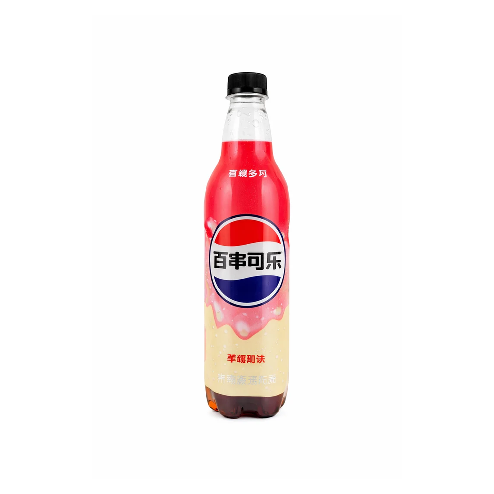 A bottle of Chinese Pepsi-Cola soft drink with a red, white, and blue logo label, filled with a red beverage, on a plain white background.