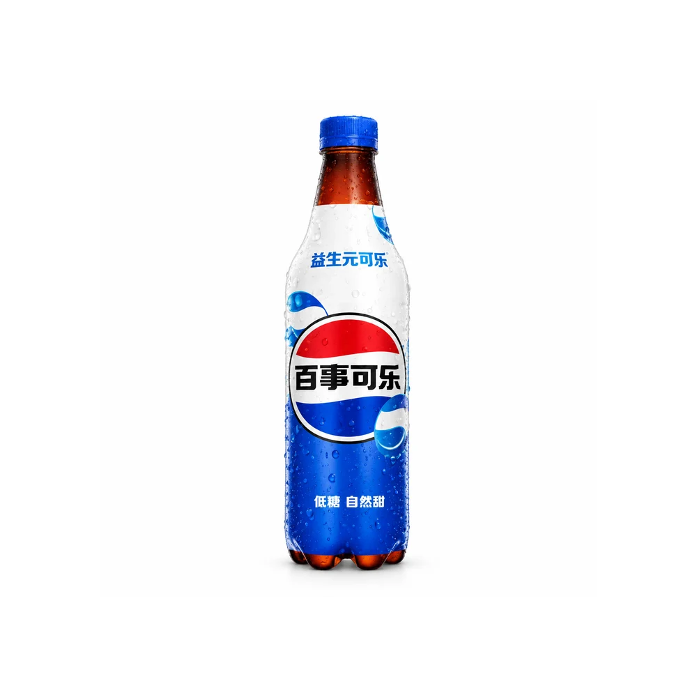 A bottle of Pepsi-Cola soft drink with a blue cap and a white, red, and blue label, shown against a plain white background.