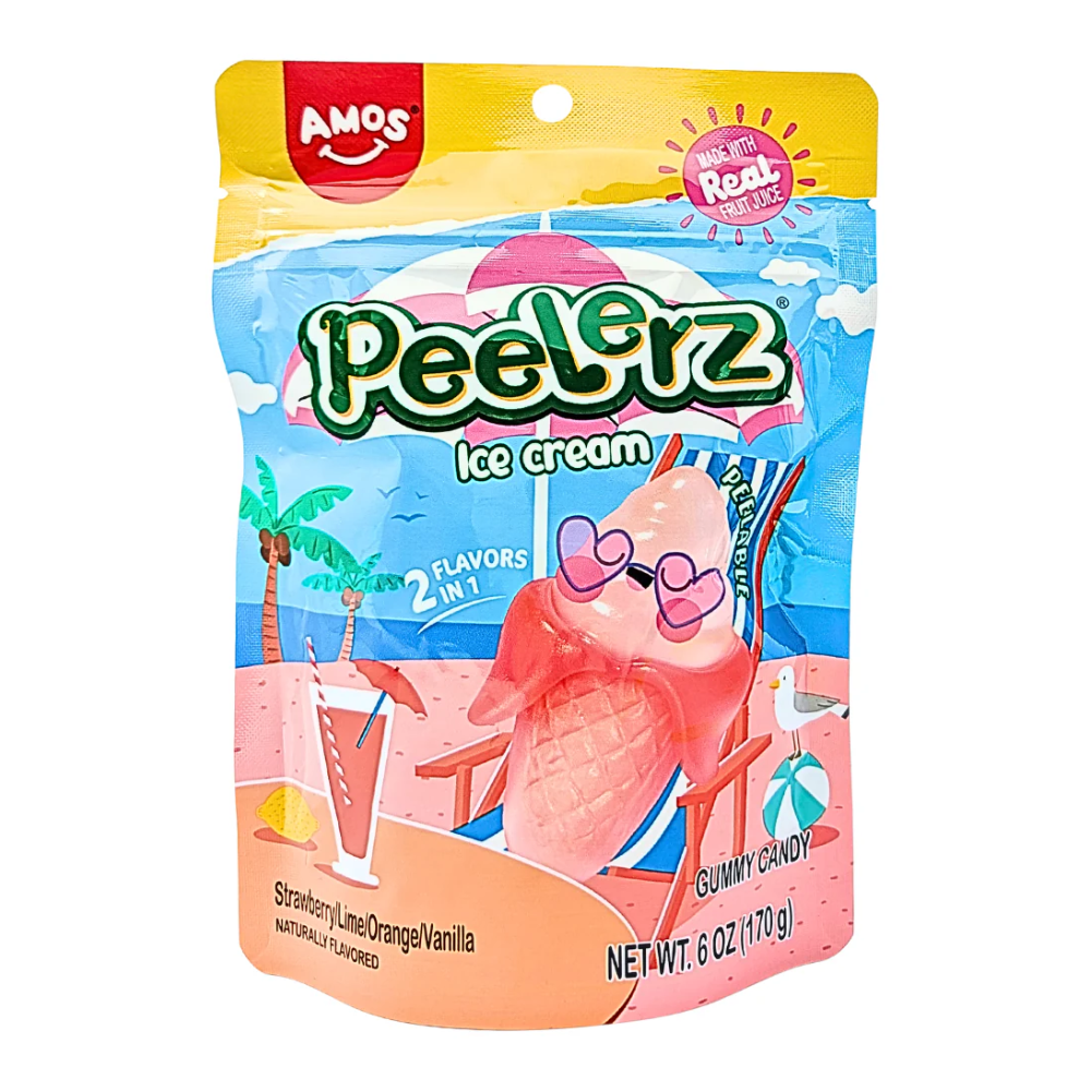 Amos Peelerz Ice Cream 2 Flavors In 1 Strawberry/Lime/Orange/Vanilla Naturally Flavored Peelable Gummy Candy (170g)