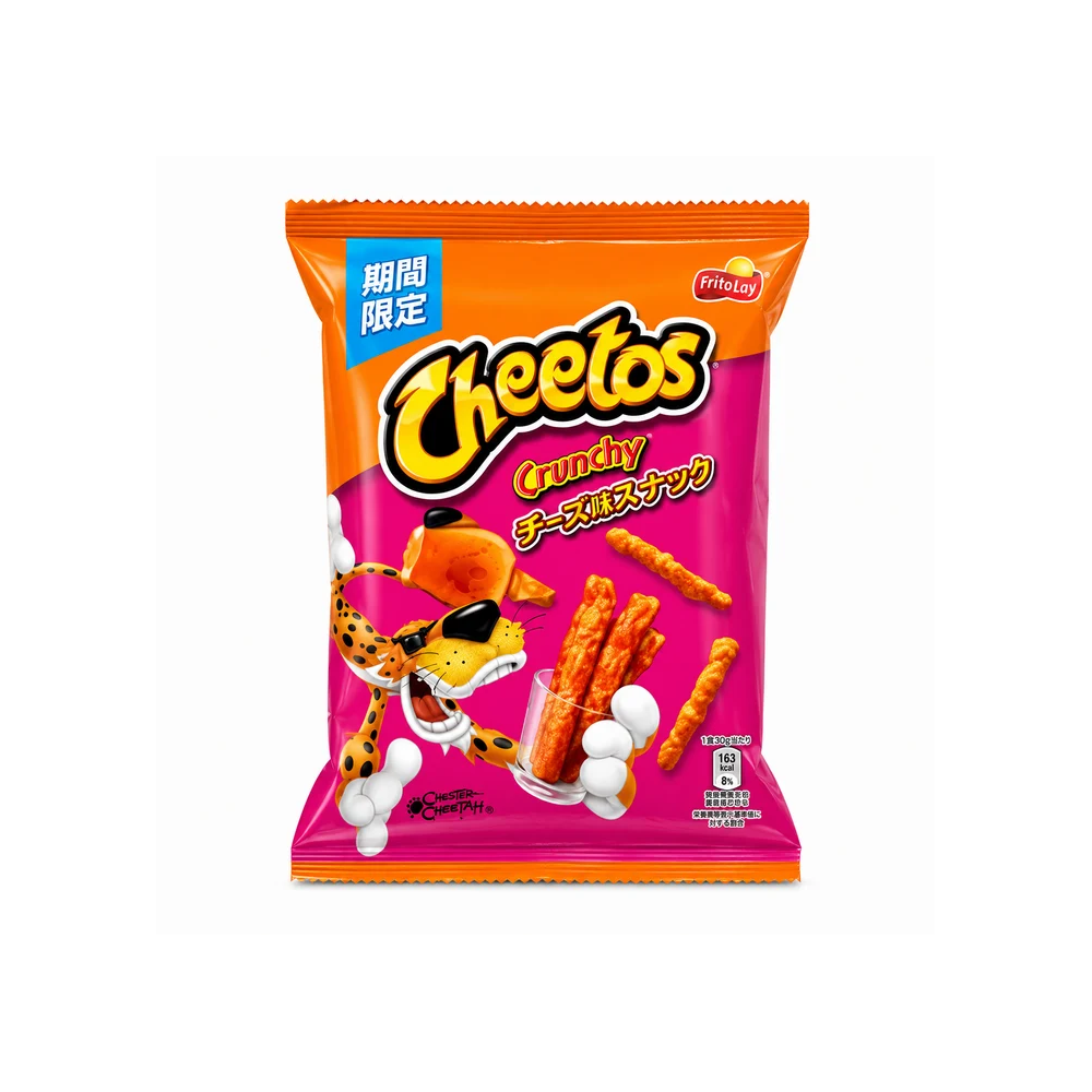 A bag of Cheetos Crunchy Cheese Sticks snack in Japanese packaging, featuring the orange and pink Cheetos branding with the Cheetah mascot on a white background.