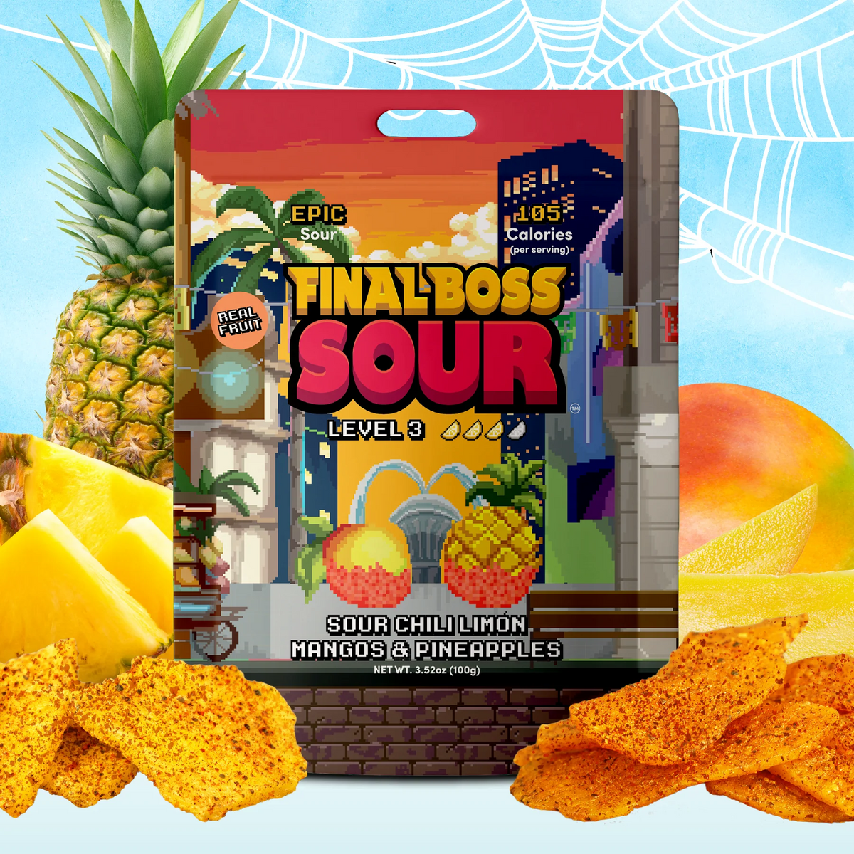 A bag of Final Boss Sour Level 3 snack chips surrounded by pineapple, mango, and chip props on a light blue graphic background with web motifs.