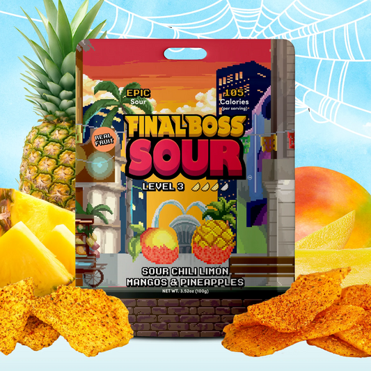 A bag of Final Boss Sour Level 3 snack chips surrounded by pineapple, mango, and chip props on a light blue graphic background with web motifs.