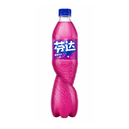 A single bottle of Fanta soft drink with bright pink liquid, a blue cap, and a purple label with white Chinese text, shown on a plain white background.