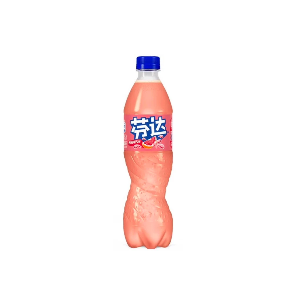 A bottle of Fanta citrus soda with pink-orange liquid, a blue cap, and a blue and white label with Chinese text, isolated on a white background.