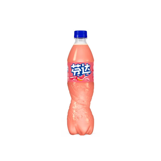 A bottle of Fanta citrus soda with pink-orange liquid, a blue cap, and a blue and white label with Chinese text, isolated on a white background.