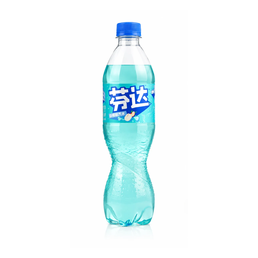 A bottle of Fanta cola with light blue liquid, a blue cap, and a blue label with white Chinese characters, shown on a plain white background.