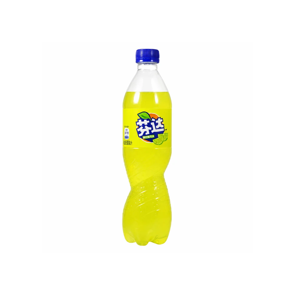 A plastic bottle of Fanta citrus soda with bright yellow liquid, a blue cap, and a white and blue label, isolated on a white background.