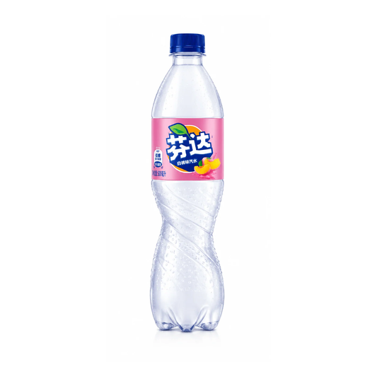A clear plastic bottle of Fanta citrus soda with a blue cap and a pink label featuring Chinese text and fruit illustrations, isolated on a white background.