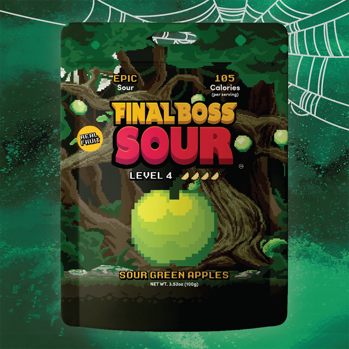 A stand-up pouch of Final Boss Sour Level 4 Sour Green Apples candy, featuring pixel art of a green apple in a dark forest with spiderwebs, set against a matching green spiderweb background.