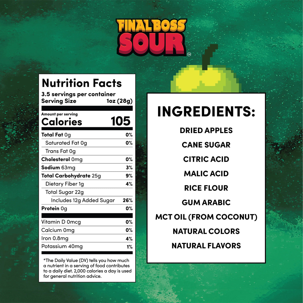 Nutrition facts and ingredients label for a product with a green background and 'Final Boss Sour' branding.