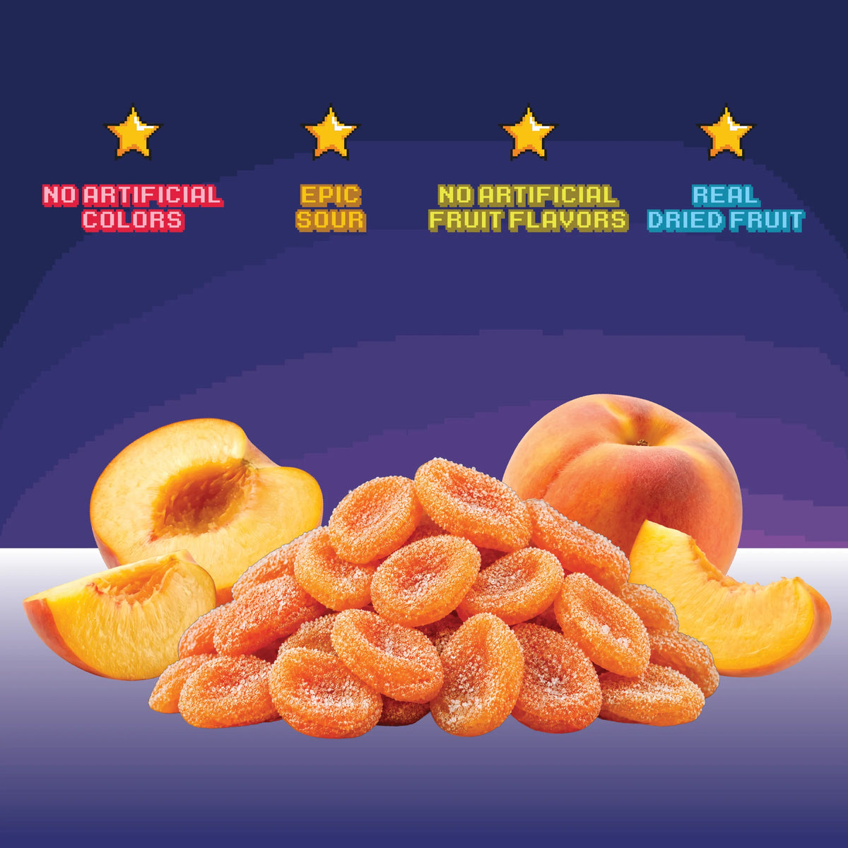 A pile of dried apricot slices with whole and sliced apricots on a dark blue gradient background, featuring promotional text and star graphics: 'NO ARTIFICIAL COLORS,' 'EPIC SOUR,' 'NO ARTIFICIAL FRUIT FLAVORS,' and 'REAL DRIED FRUIT.'.