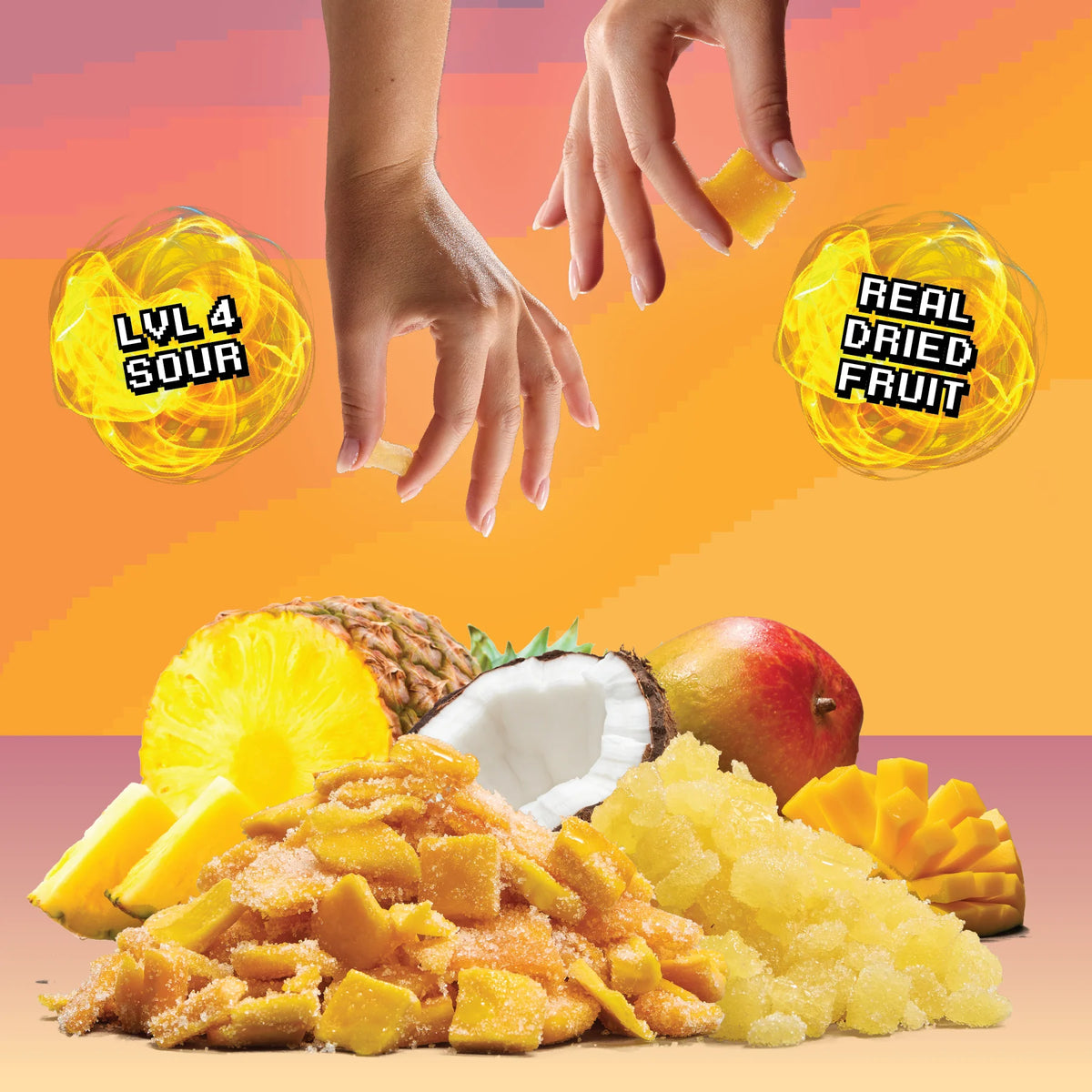 Fruit snacks with a hand reaching for them, set against an orange and pink gradient background.