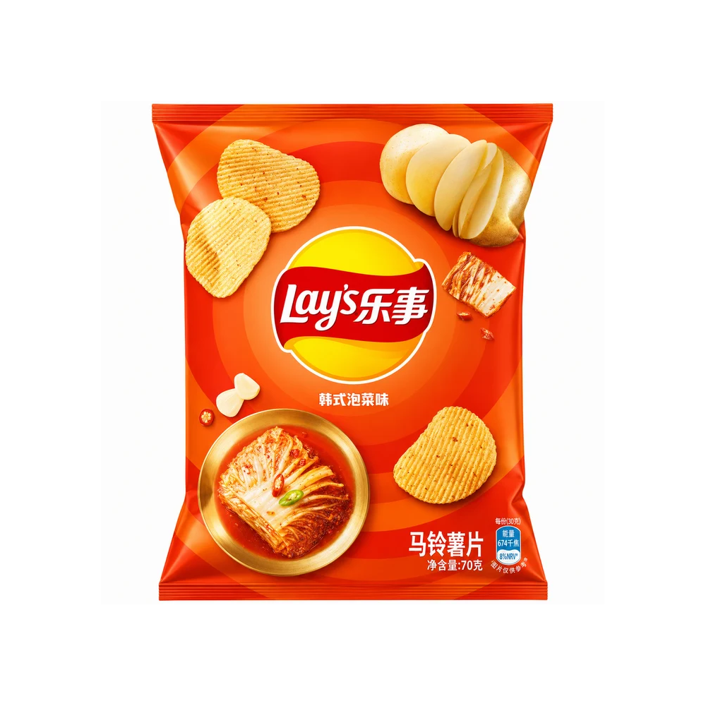 A bag of Lay's potato chips in the Korean spicy flavor, featuring a bright orange-red packaging design with illustrations of potato chips and a bowl of spicy potato soup.