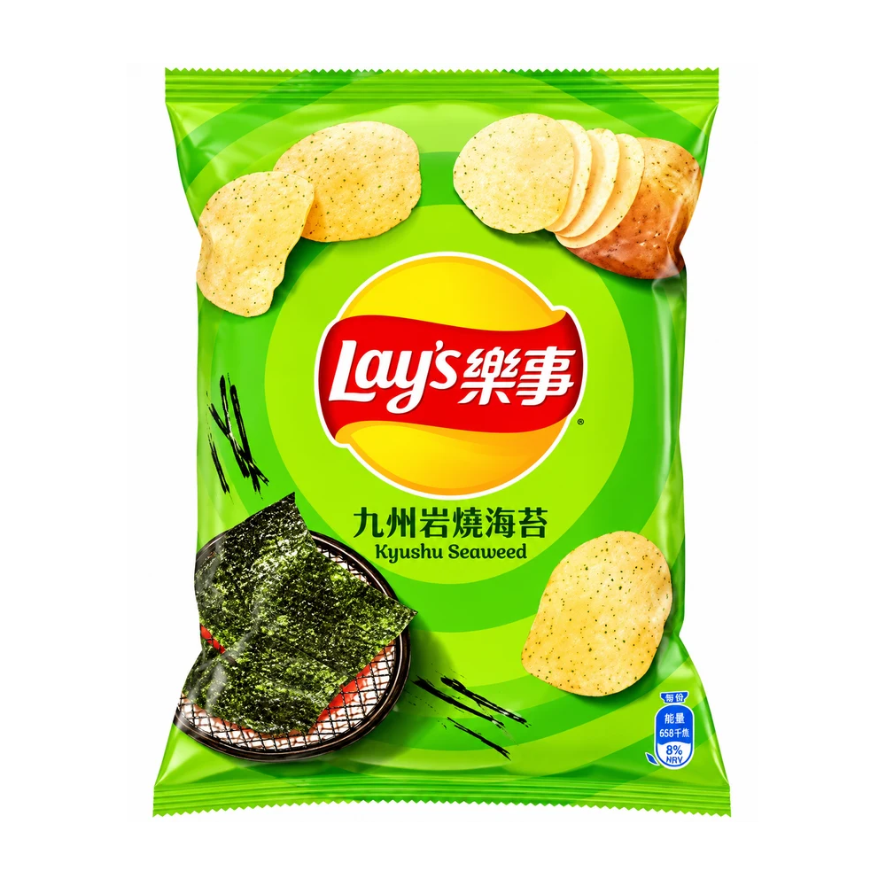 A bag of Lay's Seafood-flavored potato chips with seaweed seasoning, featuring a bright green packaging design with the red and yellow Lay's logo in the center.