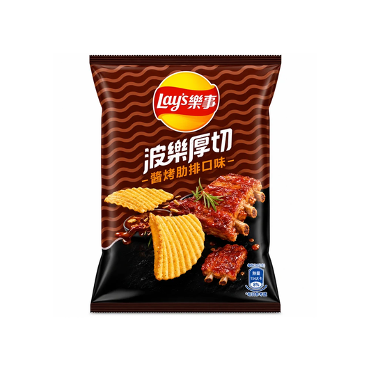 A bag of Lay's Chinese Sweet and Spicy Crispy Ribs potato chips on a plain white background. The packaging is dark brown with wavy lines, featuring the yellow Lay's logo and an image of crispy ribs and ridged chips.