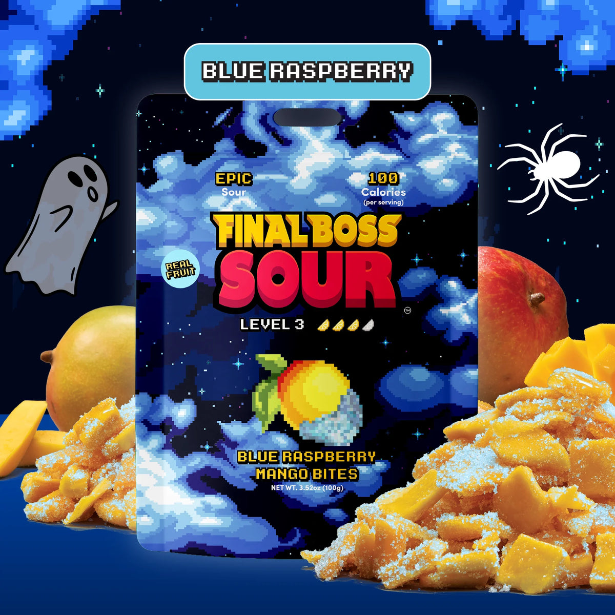 A smartphone-style package graphic for Final Boss Sour Level 3 Blue Raspberry Mango Bites, shown against a dark blue pixel-art background with fruit pieces and sugar crystals around it.