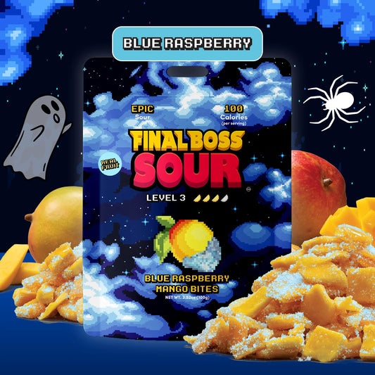 A smartphone-style package graphic for Final Boss Sour Level 3 Blue Raspberry Mango Bites, shown against a dark blue pixel-art background with fruit pieces and sugar crystals around it.