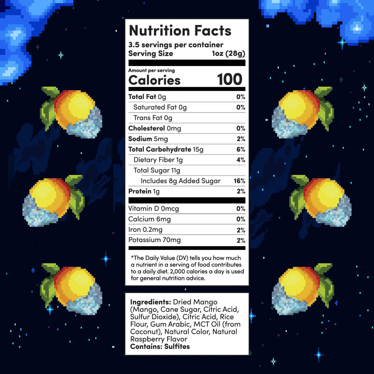 A digital graphic of a Nutrition Facts label for a raspberry-flavored snack mix, surrounded by pixelated orange mangoes on a dark blue starry space background. The label details the nutritional content and ingredients of the snack mix.