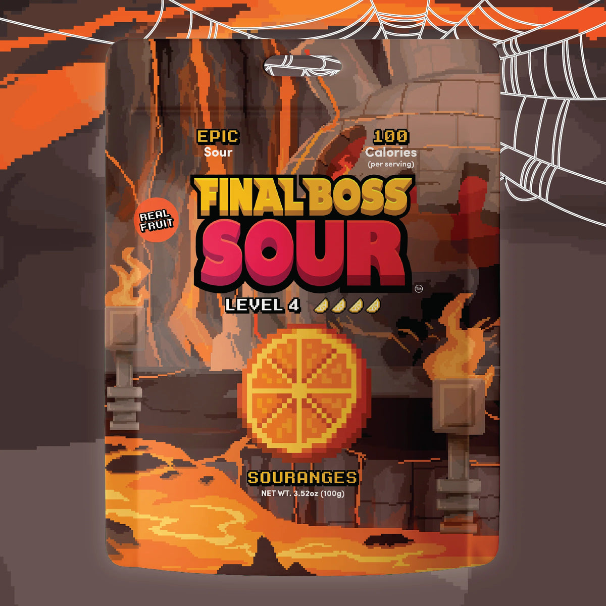 A bag of Final Boss Sour Souranges candy, featuring a pixel-art style design with lava, torches, a large orange slice graphic, and the text 'EPIC Sour', '100 Calories', and 'Level 4'.