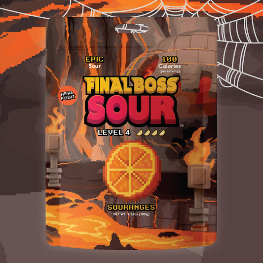 A bag of Final Boss Sour Souranges candy, featuring a pixel-art style design with lava, torches, a large orange slice graphic, and the text 'EPIC Sour', '100 Calories', and 'Level 4'.