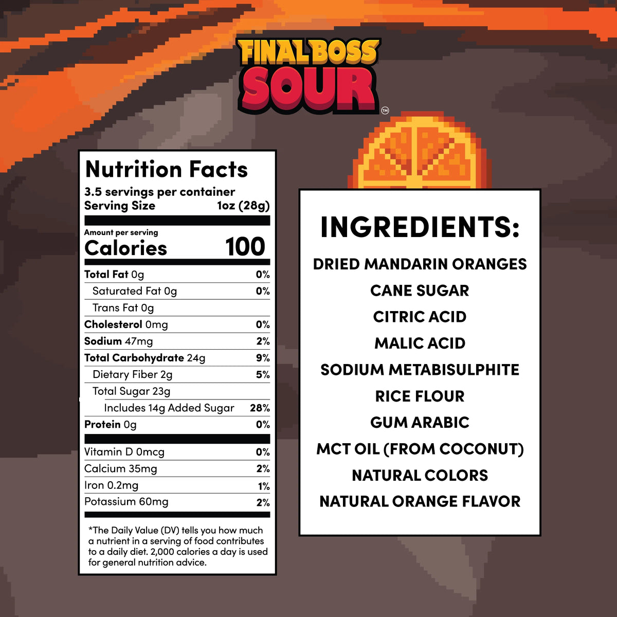 A product information graphic for Final Boss Sour, showing a nutrition facts panel and ingredients list on a black background with orange graphic elements. Visible brand text at the top reads Final Boss Sour.