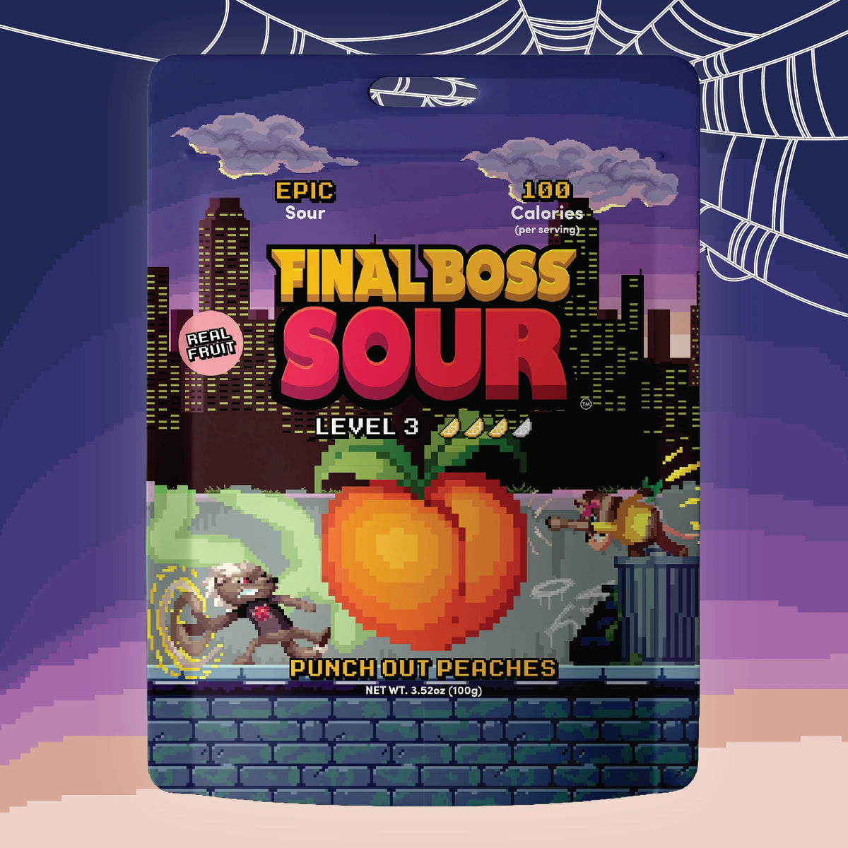 A packaged novelty sour candy product labeled 'FINAL BOSS SOUR LEVEL 3' with pixel-art graphics of a city, a peach, a mouse, and a small character, shown against a purple background with spiderweb motifs.