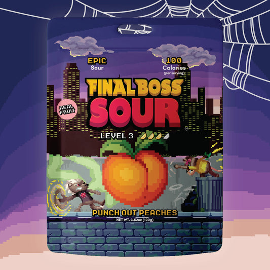 A packaged novelty sour candy product labeled 'FINAL BOSS SOUR LEVEL 3' with pixel-art graphics of a city, a peach, a mouse, and a small character, shown against a purple background with spiderweb motifs.