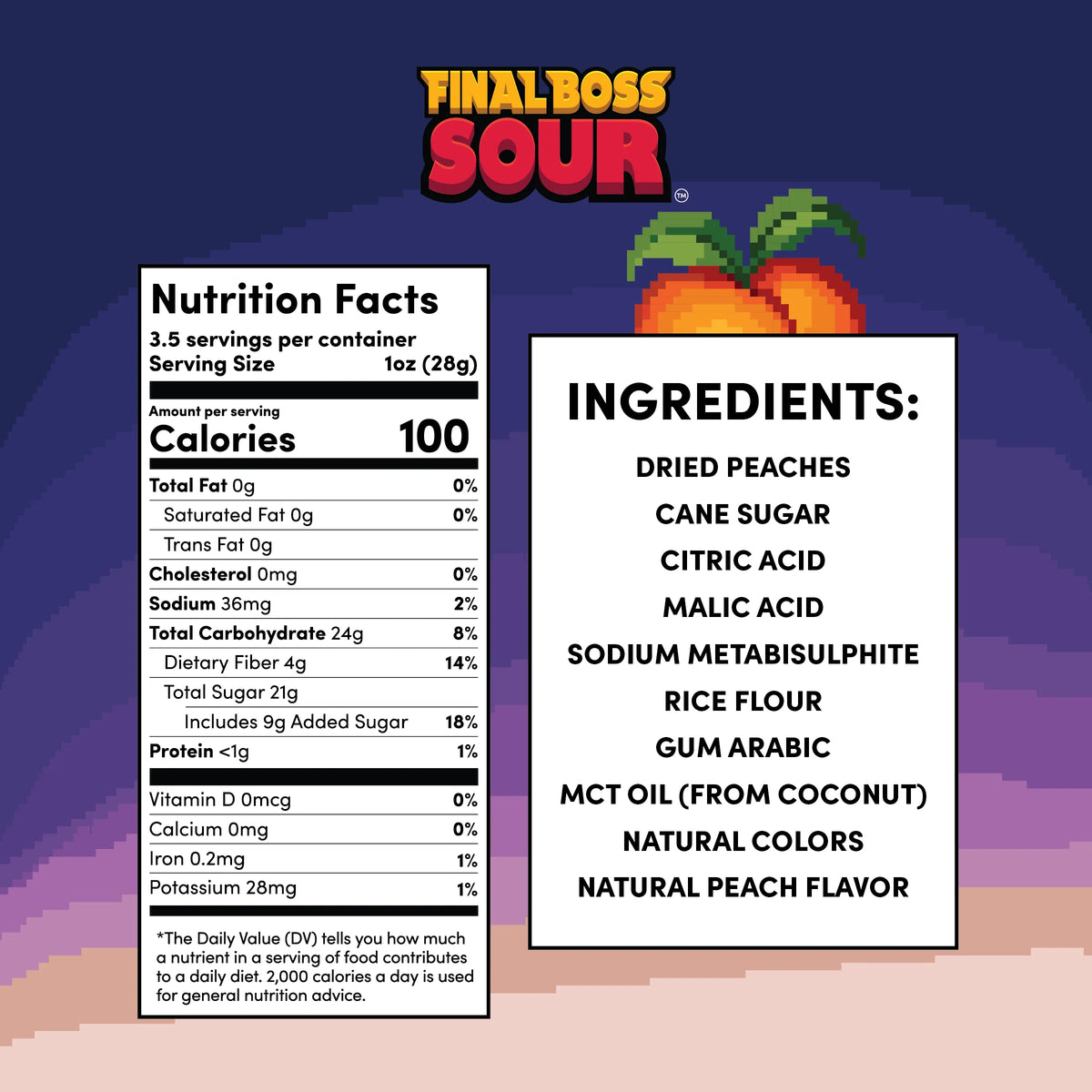 Nutrition facts and ingredients label for FinalBoss Sour with peach illustration on a blue and purple gradient background.