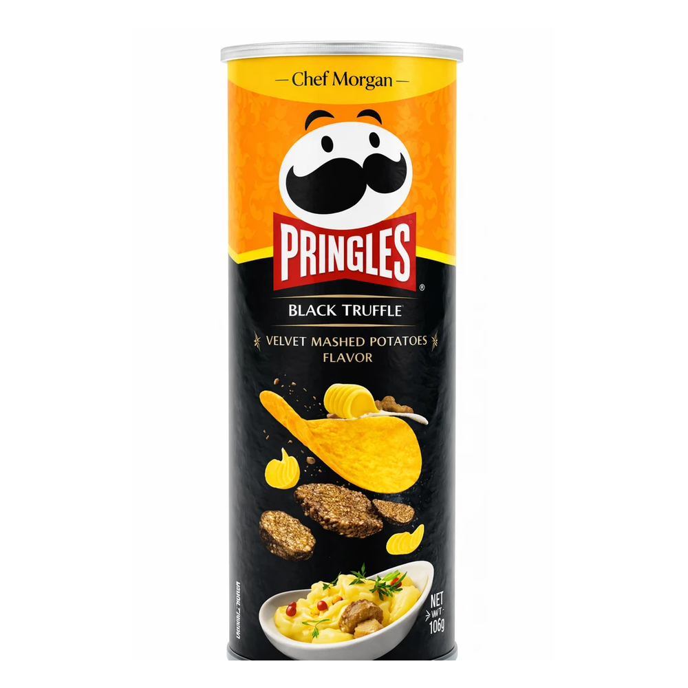 A canister of Pringles Black Truffle flavor potato chips on a plain white background. The packaging features the iconic orange and black color scheme with the Pringles mascot logo, illustrations of potato chips and truffle pieces, and a bowl of potato salad at the bottom.