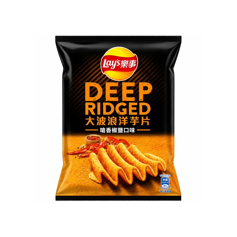 A bag of Lay's Deep Ridged spicy potato chips in the Chinese market flavor, featuring a black and orange design with the Lay's logo and an illustration of ridged chips.