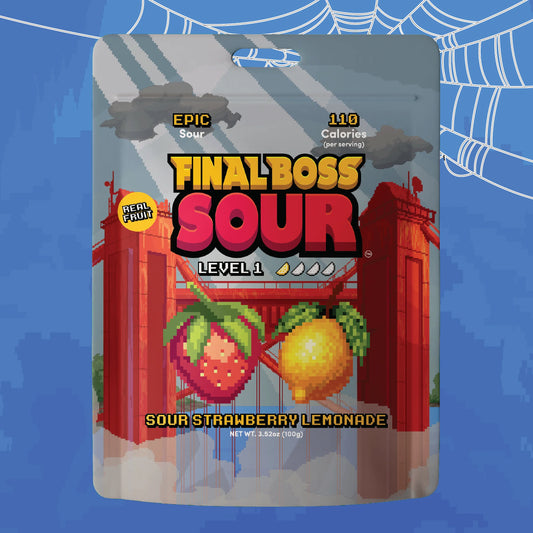 A packaged candy product labeled Final Boss Sour Level 1, featuring pixel-art strawberry and lemon graphics on a blue background with a spiderweb motif.