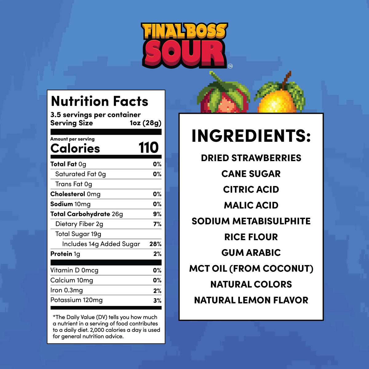 Nutrition facts and ingredients label for FinalBoss Sour on a blue background with cartoon characters.