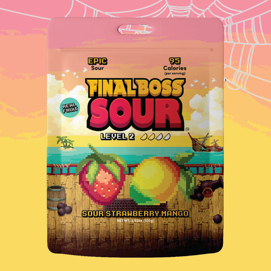 A bag of Final Boss Sour Level 2 Mega Fruit candy in the Sour Strawberry Mango flavor, featuring a pixel-art pirate ship and fruit design on a pink and yellow background.