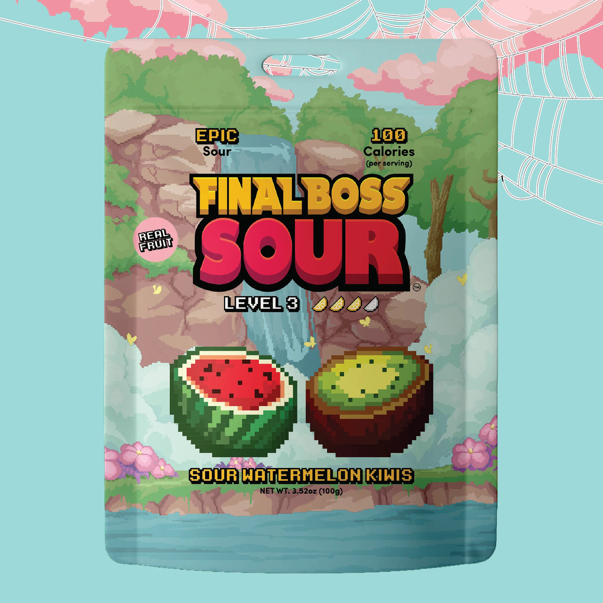 A stand-up pouch of Final Boss Sour Level 3 candy, featuring pixel-art illustrations of a waterfall, trees, a sliced watermelon, and a kiwi on a light blue background with a pink spiderweb graphic.