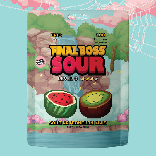 A stand-up pouch of Final Boss Sour Level 3 candy, featuring pixel-art illustrations of a waterfall, trees, a sliced watermelon, and a kiwi on a light blue background with a pink spiderweb graphic.