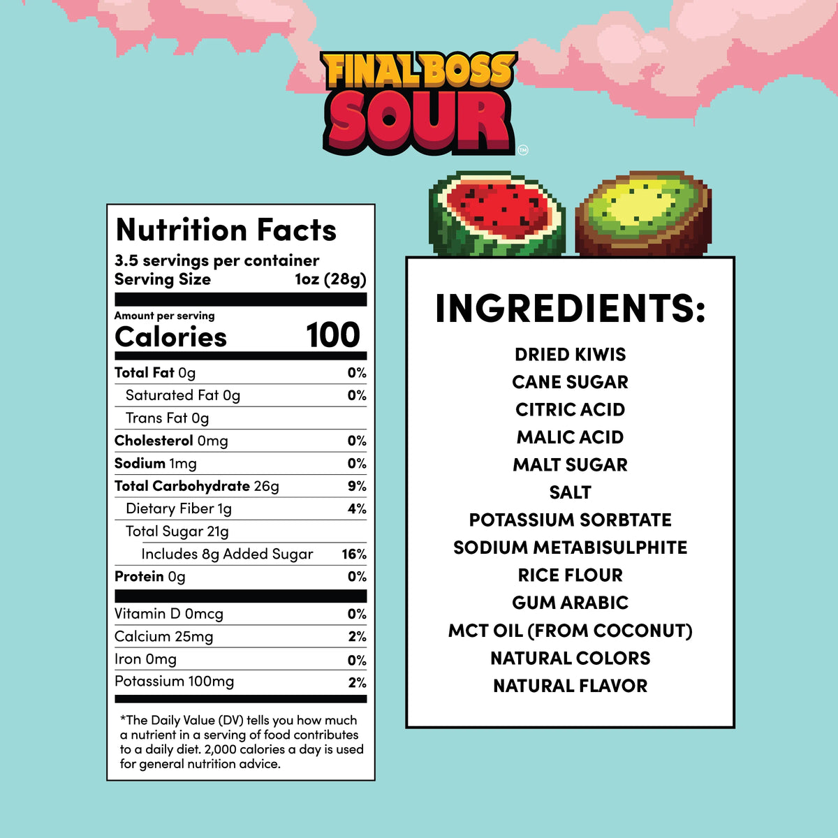 Nutrition facts and ingredients list for a product labeled 'Final Boss Sour' on a light blue background with pixelated watermelon and kiwi graphics.