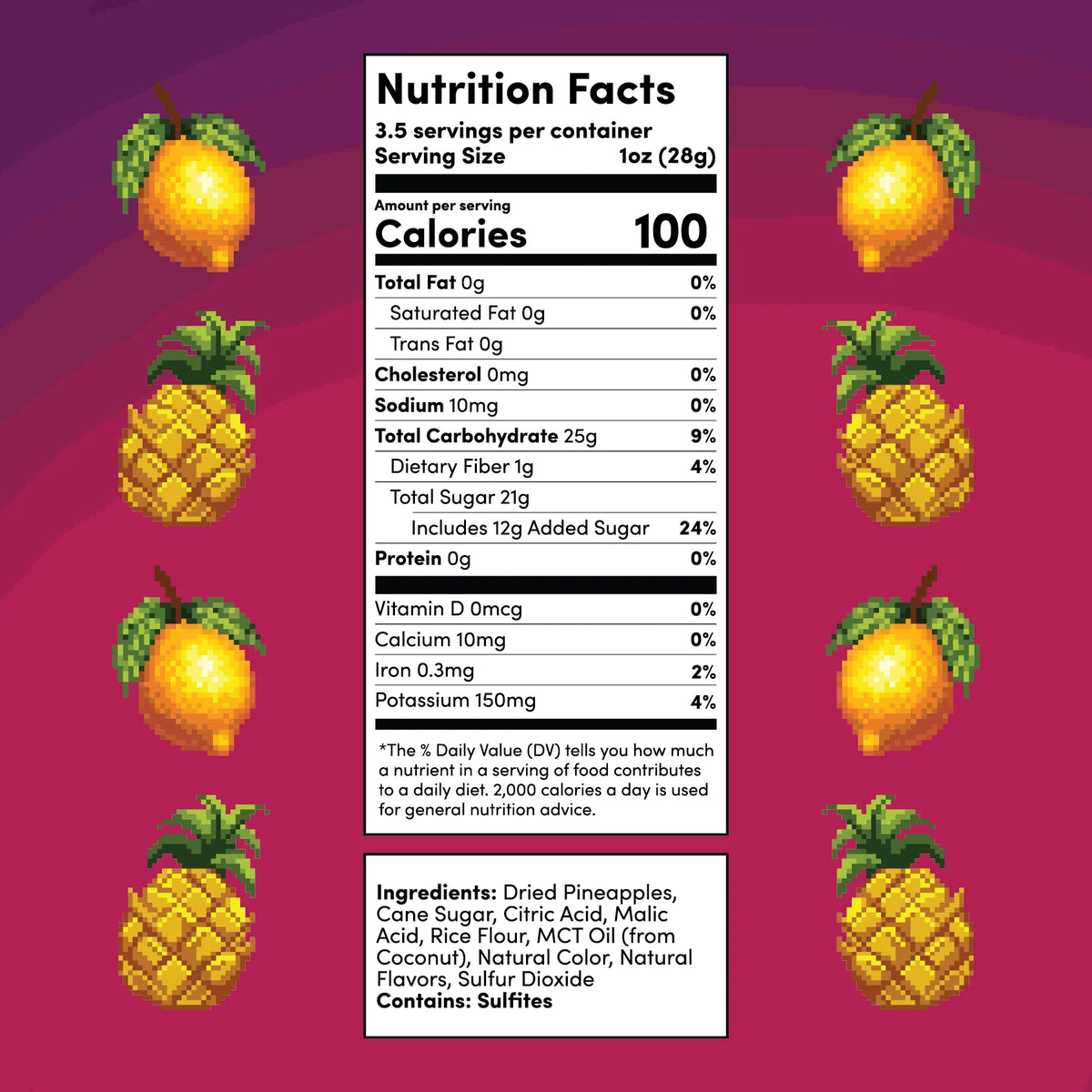 A stylized nutrition facts label centered on a magenta background, flanked by pixel-art illustrations of green and yellow pineapples. The label includes a nutrition facts panel with calories and ingredients text, plus a small pineapple icon near the bottom right.