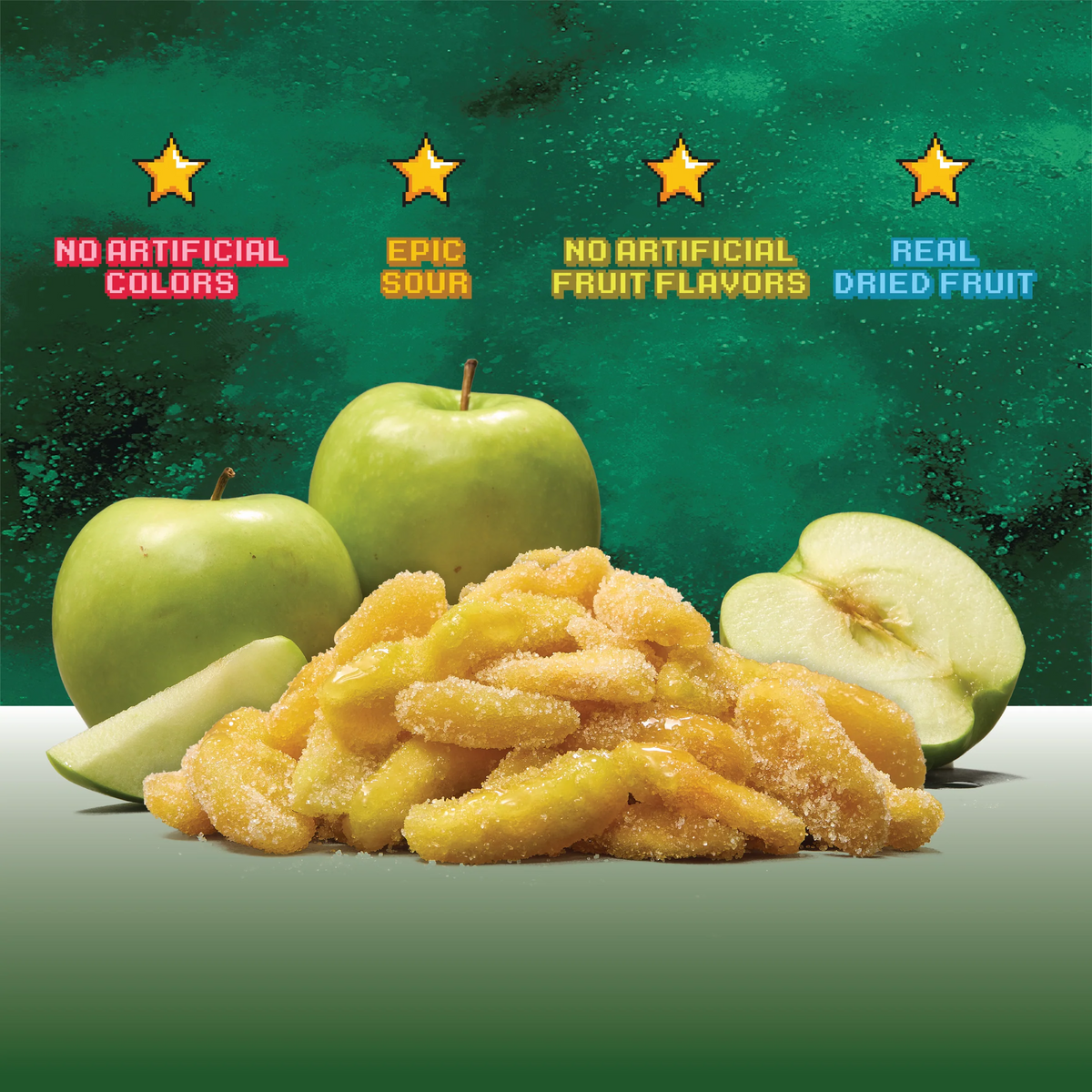 Dried fruit with green apples on a green background, featuring text about product attributes.