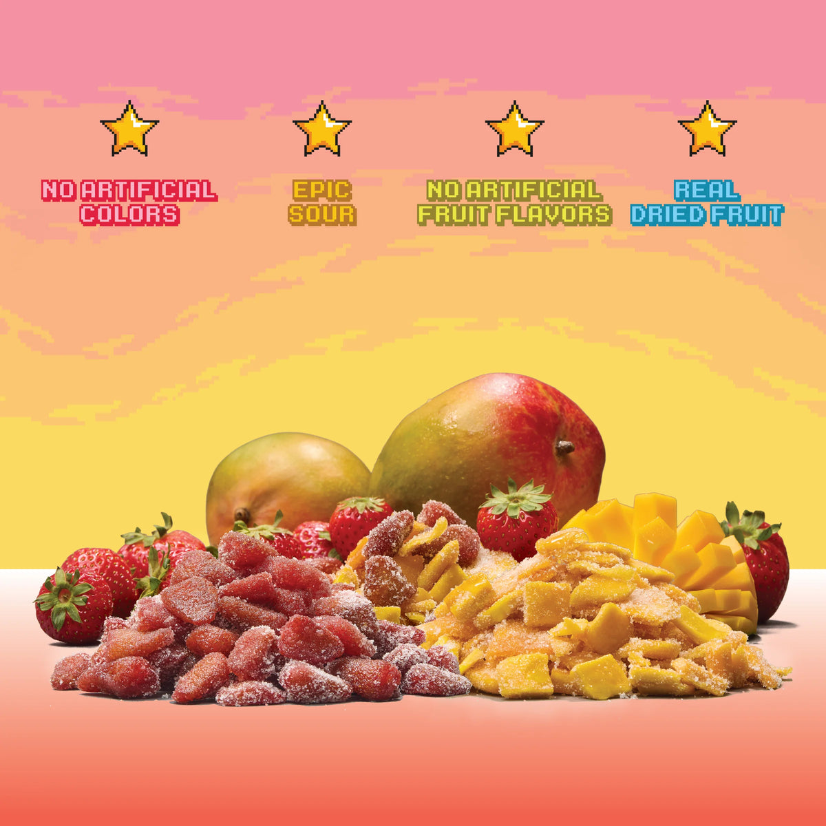 Dried fruits on a colorful background with text about product attributes.