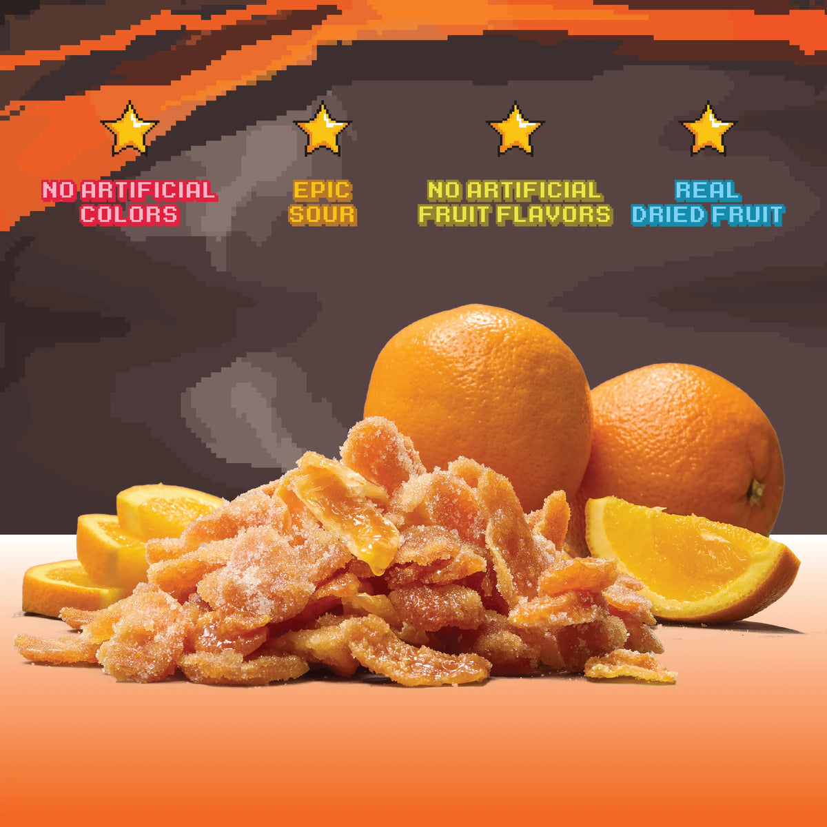 Dried orange slices with whole oranges on a dark background, featuring text about product attributes.