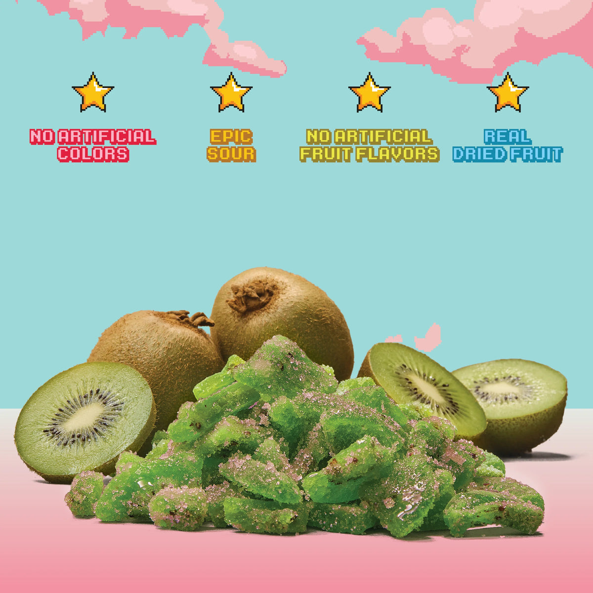 Green candy resembling kiwi fruit with text about product attributes on a pink and blue background
